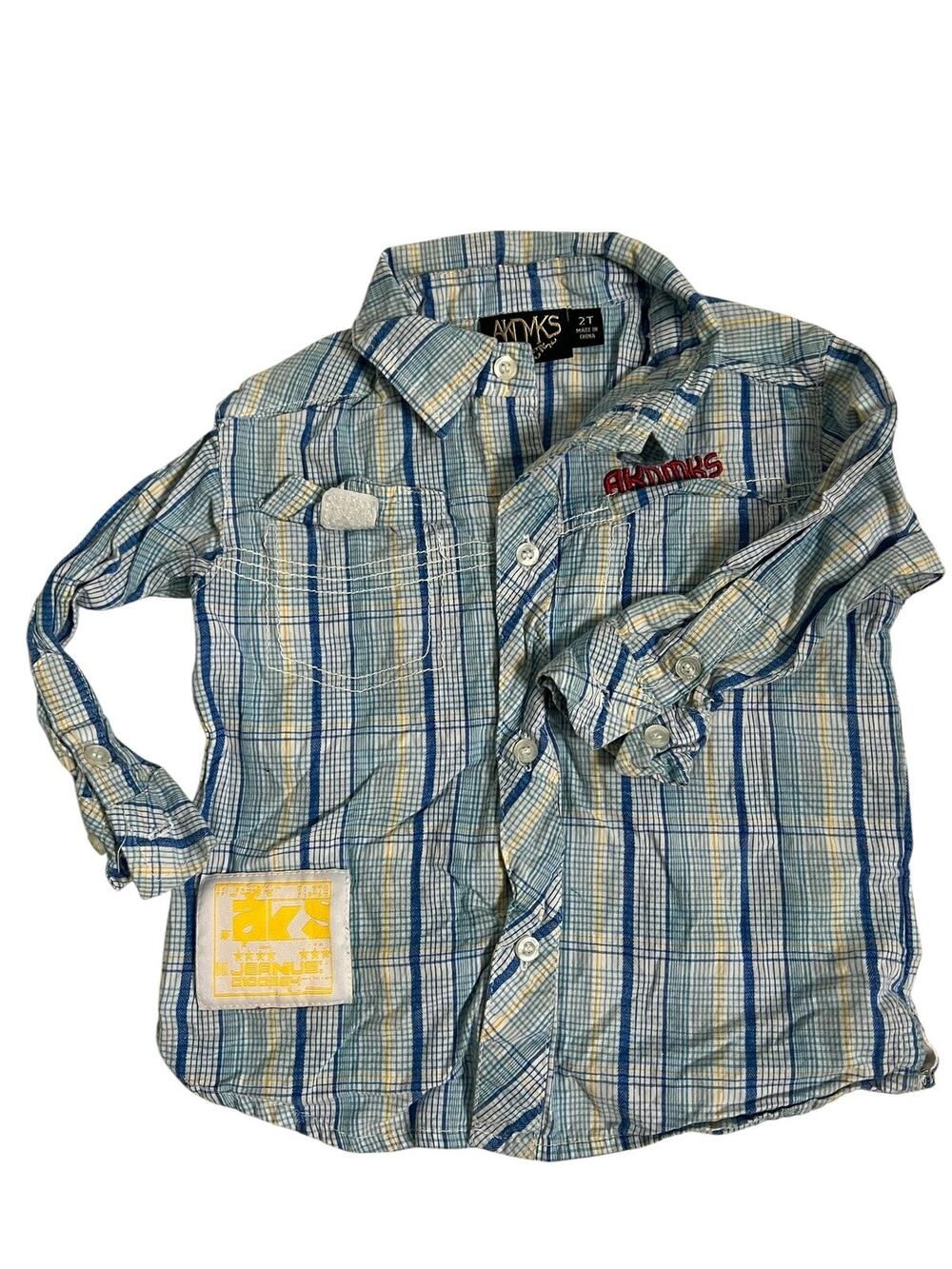 AKDMKS Plaid Button Up Shirt Boys 2T Blue Long Sleeve Back Graphic Streetwear
